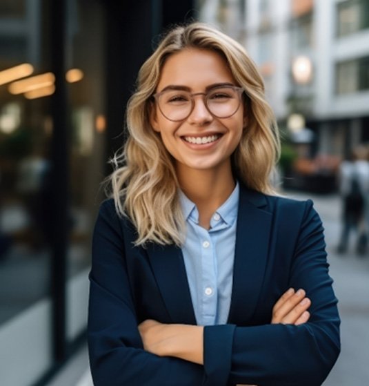 Woman with glasses standing in city street and smiling 