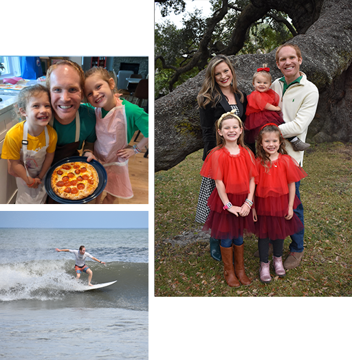Collage showing Doctor Altenbach surfing and cooking with his family